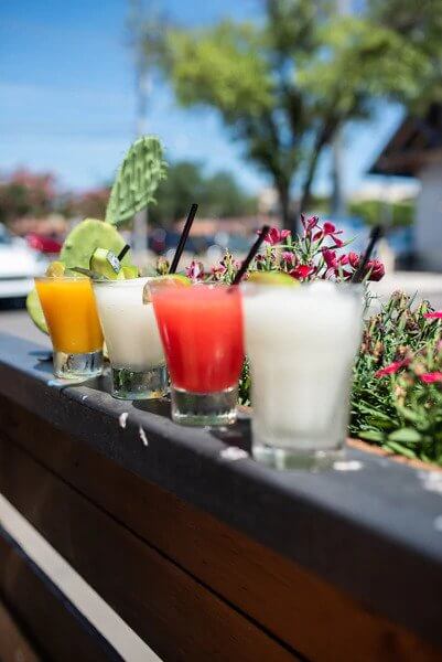 summer fruit puree drinks on a poolside bar with a cactus