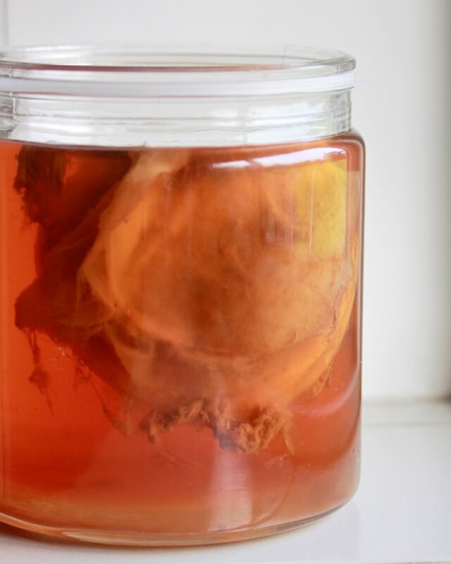 Glass jars brewing fruit kombucha